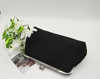 Black Silk Clutch with Silver Frame, Silk Clutch Purse, Wedding Clutch, Black Evening Clutch, Handmade Clutch Bag, Clutch Bag