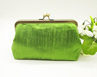 Grass Green Silk Clutch: Handmade Evening Bag with Kiss Lock
