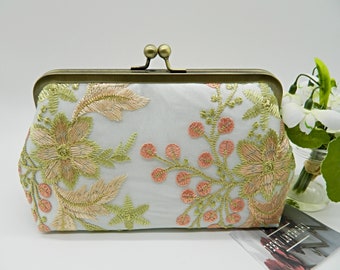 Bestickte Spitze Floral Clutch Bag, Beige und Pfirsich Clutch Geldbörse, Clutch Geldbörse, Hochzeit Clutch Bag, Abend Clutch, Handgemachte Clutch Bag