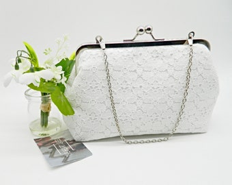 Handmade White Lace Bridal Clutch Bag: Silver Kiss Lock
