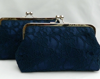 Lot de deux pochettes de mariée en dentelle bleu marine, pochette de mariage bleu marine, pochette bleu marine et argent, pochette de demoiselle d'honneur, cadeau de demoiselles d'honneur, pochette de soirée