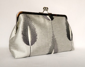 Silver Silk Clutch Purse, Clutch Purse, Silver Silk Embroidered Feather Clutch Bag, Grey Wedding Clutch, Bridal Clutch, Evening Clutch