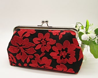 Black Lace Clutch: Red Floral Embroidered Evening Bag, Gothic Wedding Purse