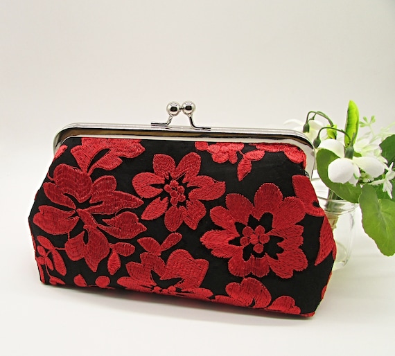 Floral Embroidered Women\'s Bag - Black and Red Vintage Black Satin/Silky Tote with Red Dragon/Floral  main image 4
