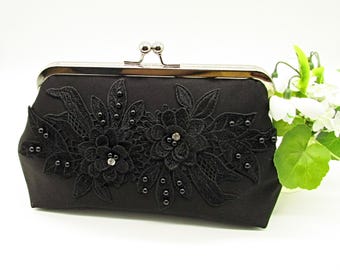 Handmade Black Beaded Floral Satin Clutch: Evening Bag, Wedding Purse