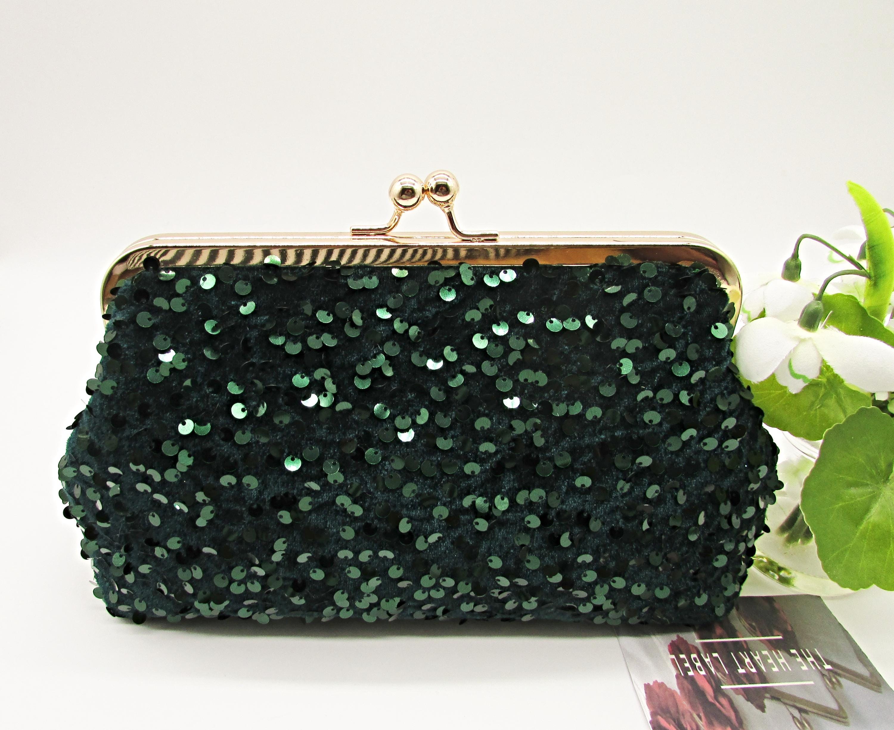 Dark Emerald Green Sequin Velvet Clutch Green Clutch Purse Ladies Gifts Lace Clutch with Chain Handle Wedding Clutch Evening Clutch Bag