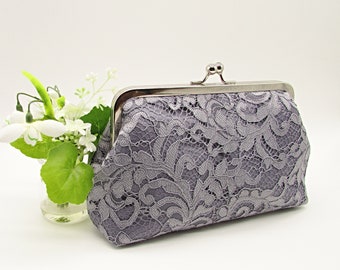 Handmade Gray Lace Clutch: Elegant Wedding Purse with Silver Satin