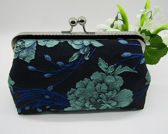 Navy and Aqua Green Floral Clutch Bag, Jacquard Floral Clutch Bag, Wedding Clutch Bag, Evening Clutch Bag, Ladies Gifts, Ladies Clutch Bag