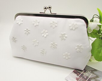 Handmade White Satin Bridal Clutch with Pearl Ivory Petal Flowers, Wedding Purse