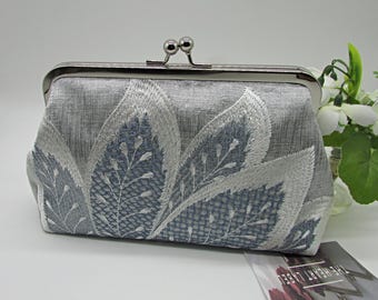 Silver Silk Embroidered Clutch – Blue Floral Bridal Purse, Handmade Evening Bag