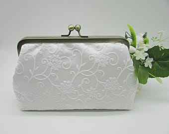 Embroidered Bridal Clutch: Ivory Silk Wedding Purse with Floral Design