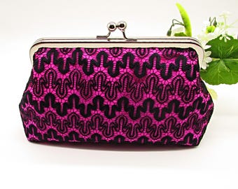Handmade Hot Pink Silk Clutch: Black Lace Evening Bag with Chain
