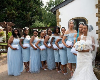 White Lace Bridesmaids Clutch Set: Blue Satin Wedding Purses