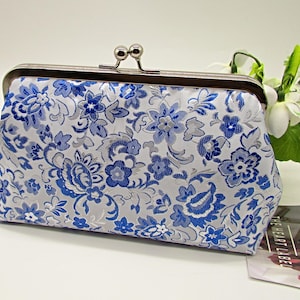 Royal Blue Floral Clutch Purse, Wedding Clutch Purse, Silver and Blue Clutch Bag, Evening Clutch, Ladies Gifts, Handmade Clutch Purse