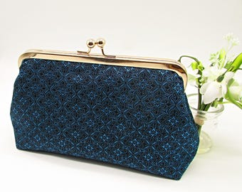Handmade Teal and Black Brocade Clutch Purse: Wedding Evening Bag