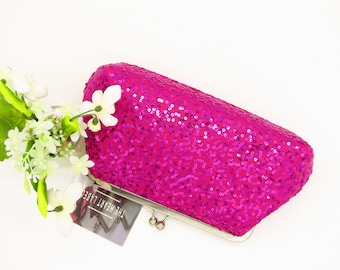 Handmade Fuschia Pink Sequin Clutch: Silver Satin Lining