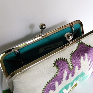 Clutch Purse,Embroidered Linen Floral Design Clutch Purse, Bridal Clutch, Wedding Clutch, Purple and Turquoise Clutch, Ladies Gift image 4