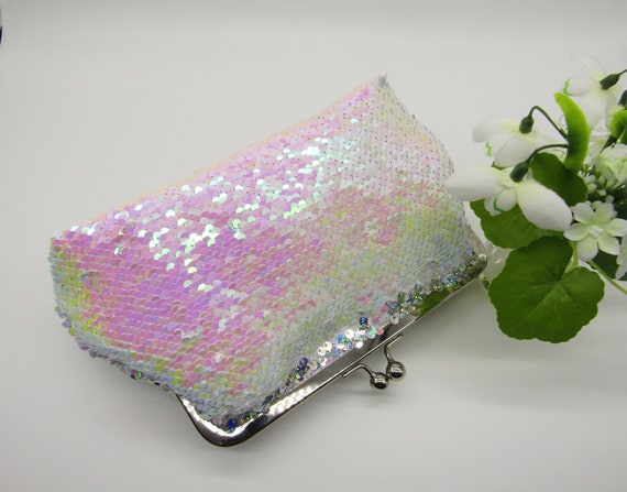 White Iridescent Sequin Reversible Purse Waist Bag Fanny Pack Pouch Plastic  Clip | eBay