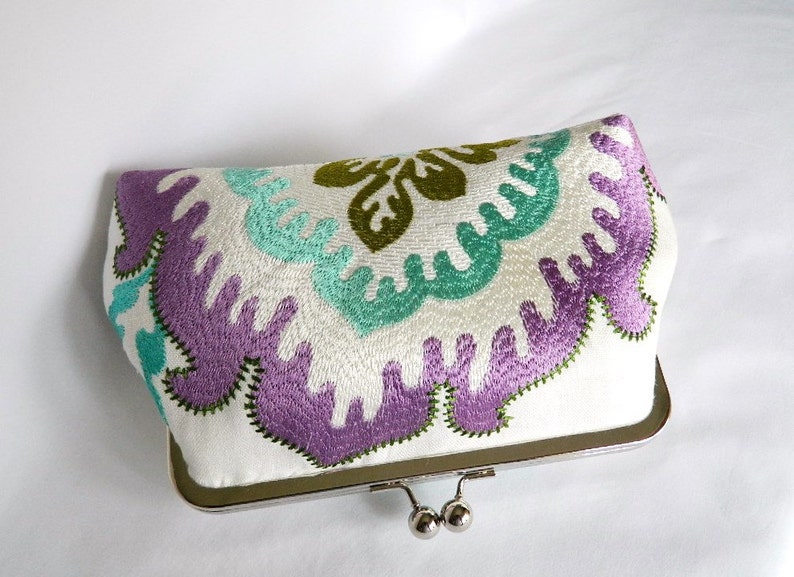 Clutch Purse,Embroidered Linen Floral Design Clutch Purse, Bridal Clutch, Wedding Clutch, Purple and Turquoise Clutch, Ladies Gift image 3