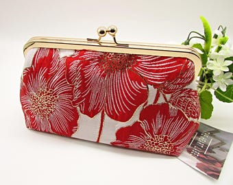 Handmade Red & Gold Floral Jacquard Clutch Bag: Wedding Evening Purse