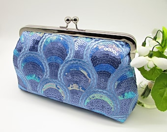 Handgemachte Blaue Pailletten-Clutch: Hochzeit, Party, Abendtasche