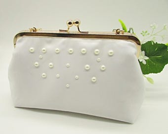 Ivory Satin Beaded Clutch Bag, Pearl Handle Wedding Purse