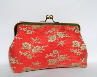 Handmade Red and Gold Floral Lace Clutch with Kiss Lock