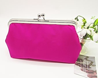 Handmade Fuschia Pink Dupioni Silk Clutch, Silver Lining Evening Bag