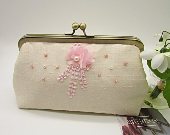 Beige and Pink Clutch Bag, Wedding Clutch Purse, Beaded Bag with Flower for  Bride or Bridesmaids, Handmade Elegant Clutch Bag, Silk Clutch