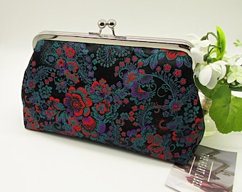 Handmade Red, Teal and Black Floral Clutch Purse: Wedding Evening Bag