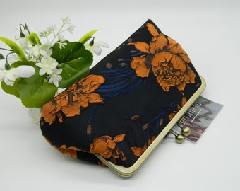 Dark Navy and Orange Floral Clutch Bag, Jacquard Floral Clutch Bag, Wedding Clutch Bag, Evening Clutch Bag, Ladies Gifts, Clutch Bag