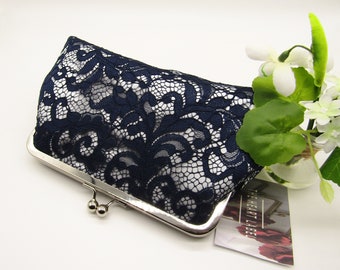 Navy Lace and Silver Clutch Bag, Clutch Purse, Ladies Gifts, Bridal Clutch bag, Lace Clutch, Wedding Clutch Bag, Women's Clutch Bag