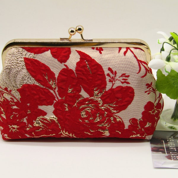 Red and Gold Floral Clutch Bag, Jacquard Floral Clutch Bag, Wedding Clutch Bag, Evening Clutch Bag, Ladies Gifts, Clutch Bag