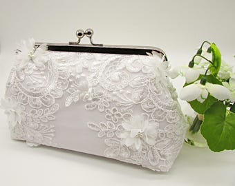 White Lace Bridal Clutch: 3D Floral Wedding Purse with Silver Frame