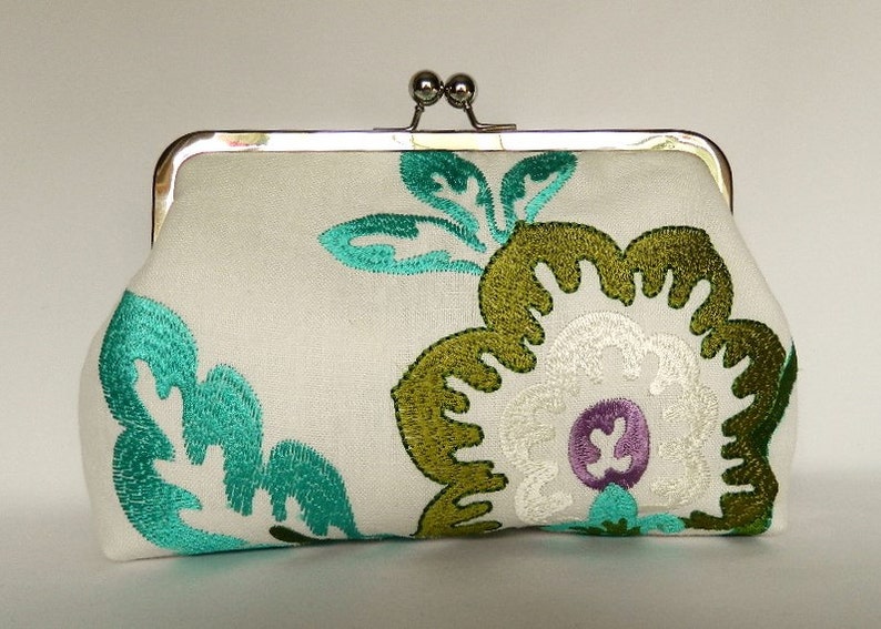 Clutch Purse,Embroidered Linen Floral Design Clutch Purse, Bridal Clutch, Wedding Clutch, Purple and Turquoise Clutch, Ladies Gift image 2