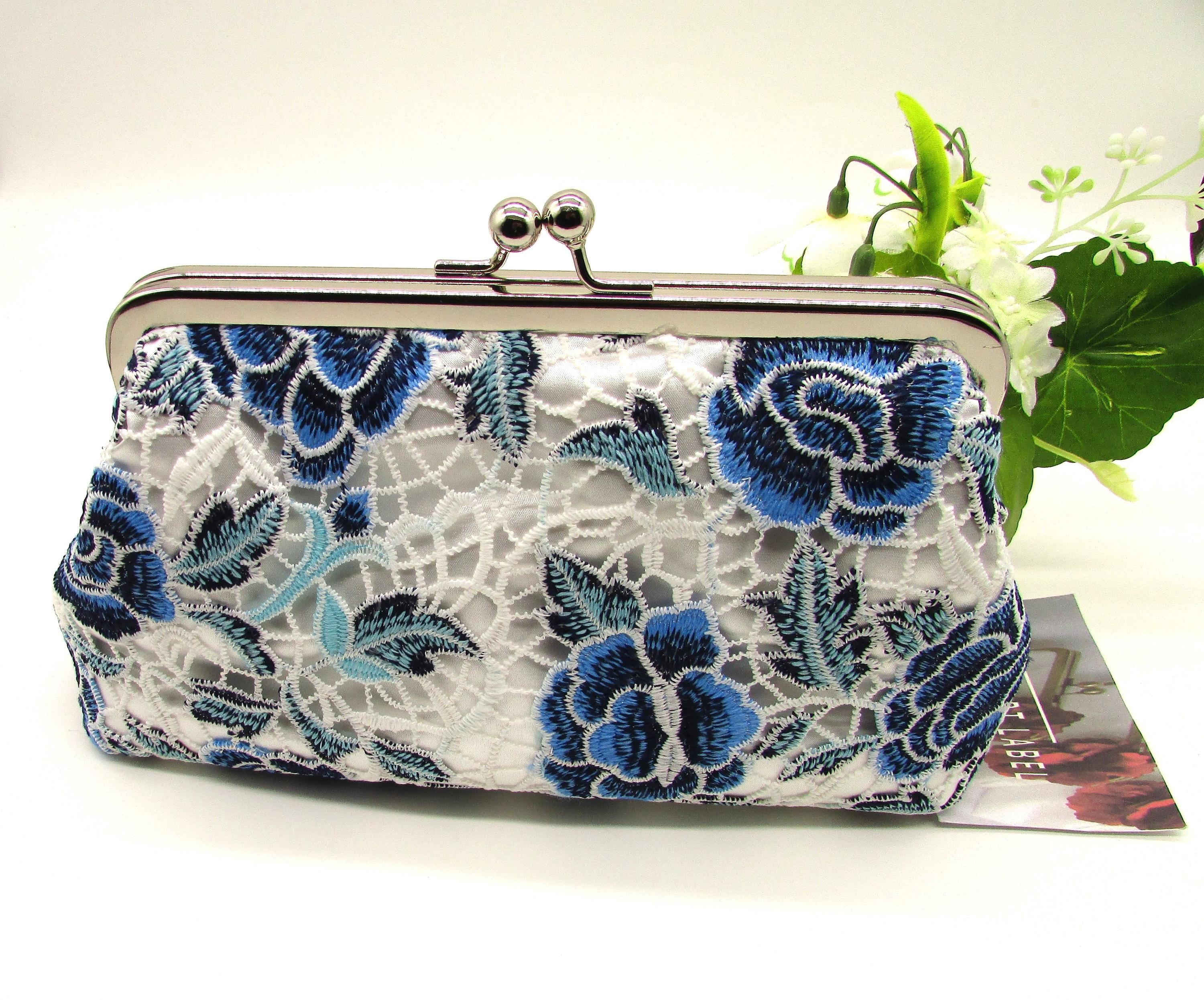 Embroidered Lace Floral Clutch Bag, Blue Floral Clutch Purse, Wedding Clutch Bag, Evening Clutch, Mother of Bride Bag, Handmade Clutch Bag