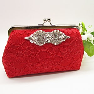 Red Lace Clutch Bag with Rhinestone – Handmade Evening Purse, Wedding Clutch for Bride or Guest, Elegant Red Formal Bag, Gift for Her
