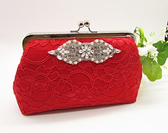 Red Lace Clutch Bag, Bag With Rhinestone, Women's Clutch Purse, Ladies Gifts, Clutch Bag, Wedding Clutch Purse, Red Evening Clutch, Handmade