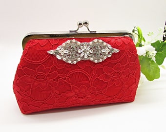 Handmade Red Lace Clutch: Rhinestone Evening Bag, Wedding Purse