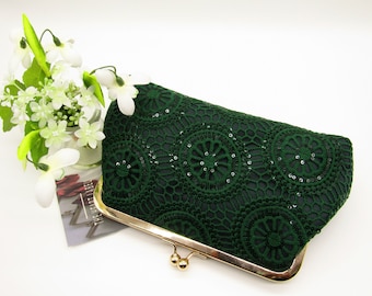 Dark Emerald Green Sequin Lace Clutch, Green Lace Clutch Purse, Ladies Gifts, Emerald Green Lace Clutch, Wedding Clutch, Evening Clutch