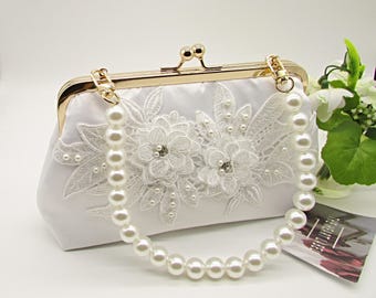 Handmade Ivory Satin Bridal Clutch: 3D Flowers, Pearl Handle Wedding Purse