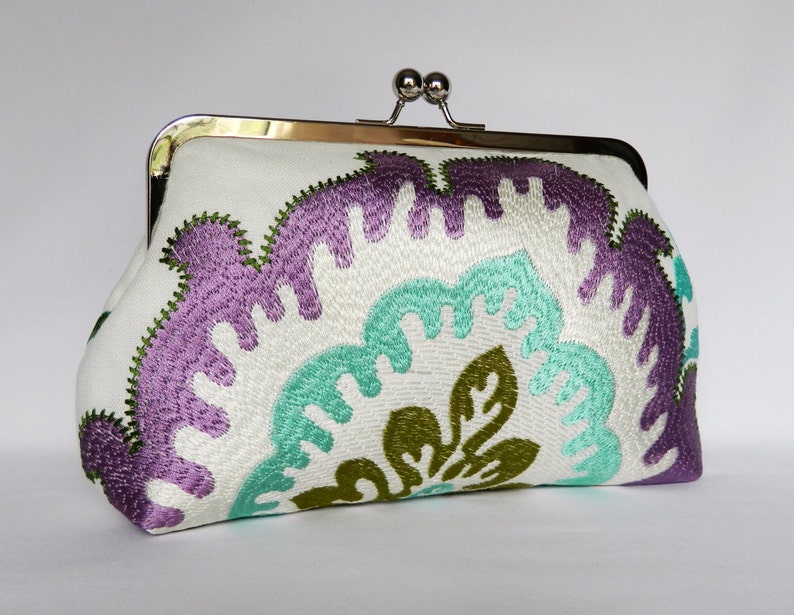 Clutch Purse,Embroidered Linen Floral Design Clutch Purse, Bridal Clutch, Wedding Clutch, Purple and Turquoise Clutch, Ladies Gift image 1