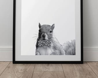 Bowtie Squirrel Print - Forest Animal Wall Art, Digital Download, Squirrel Poster, Animal Portrait, Black And White, Woodland Nursery