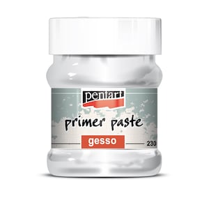 May include: A clear plastic jar filled with white primer paste gesso. The label features the brand name Pentart in black text on a white background, with the words primer paste in black and gesso in white on a red rectangular block, plus 230.