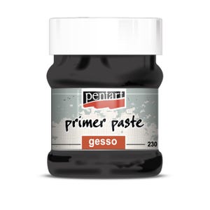 May include: A black jar of Pentart primer paste gesso with a white screw-top lid. The label features the brand name Pentart in a white box, the text primer paste in black, and the word gesso in a red box with the number 230 on the right side.