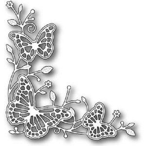 May include: A white, die-cut corner design featuring three butterflies and floral elements. The butterflies have detailed wing patterns, and the design includes leaves and small flowers. The overall aesthetic is delicate and nature-inspired.