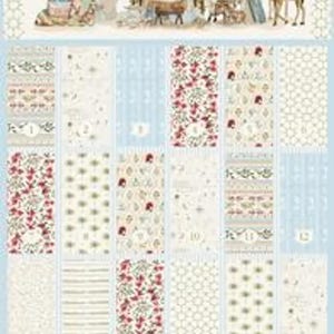 May include: A fabric advent calendar panel featuring a nativity scene at the top with angels, a manger, and figures. Below are twenty-four numbered rectangular sections with various patterns including floral, geometric, and striped designs in red, green, and blue on a cream background. The text Silent Night is printed at the top.
