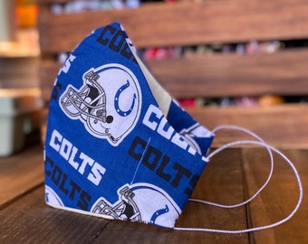 Colts Face Mask- (Large Print) Indianapolis Colts, Washable/Reusable, Filter Pocket, Elastic, Nose Wire, NFL