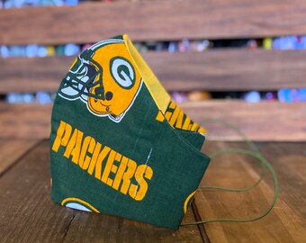 Green Bay Packers Face Mask- (Large Print) Wisconsin, Washable/Reusable, Filter Pocket, Elastic, Nose Wire, NFL
