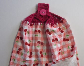 Cherries & Pink Gingham Hanging Kitchen Towel - Best Quality Double Layer Rose-Red Crochet Top Towel - Hannahs Homestead